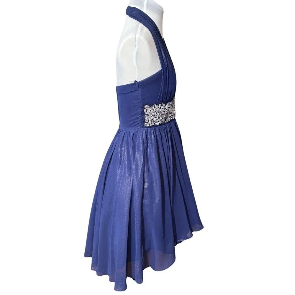 JODI KRISTOPHER Blue Rhinestone Halter Dress Juniors Size 3 Prom Cocktail Party‎ - Picture 5 of 11
